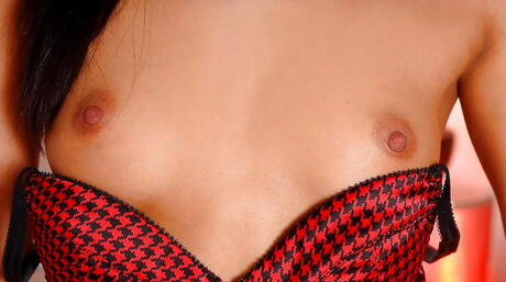 Excellent hungarian dark hair cutie Cipriana in sexy lingery shows tiny tits and bald pussy 